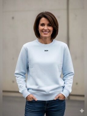 DKNY Light Blue Logo Embroidered Fleece Crewneck Sweatshirt Size Large NWT